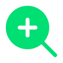 Green and white icon of a magnifying glass plus.