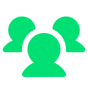 Green and white icon of three people.